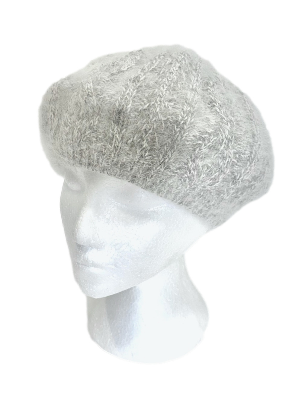 Grey fuzzy knit beret hat